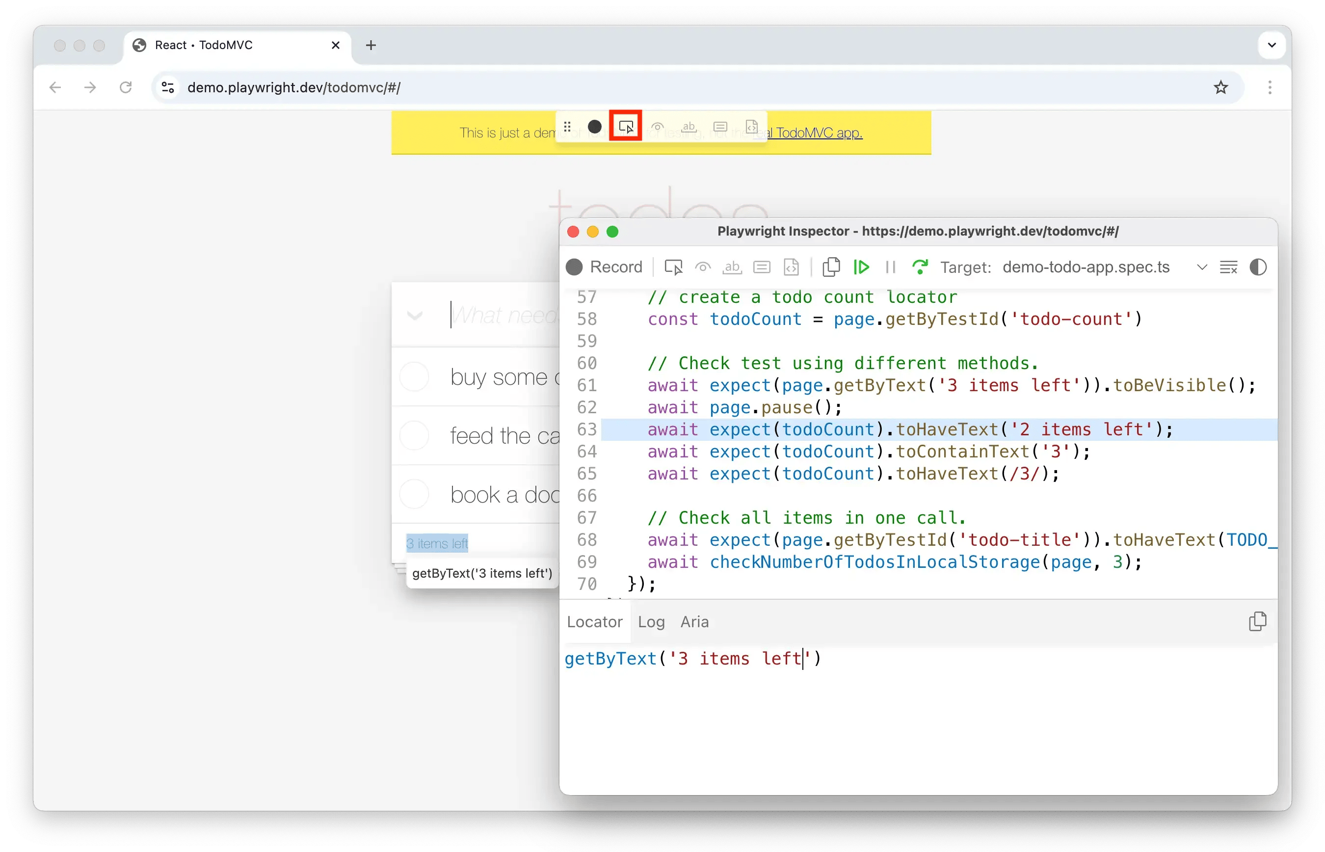 Locator picker in the copilotbrowser Inspector